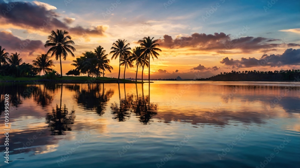 Serene Tropical Sunset with Silhouette Palms and Vibrant Ocean Reflections V3 Serene Tropical Sunset with Silhouette Palms and Vibrant Ocean Reflections V3