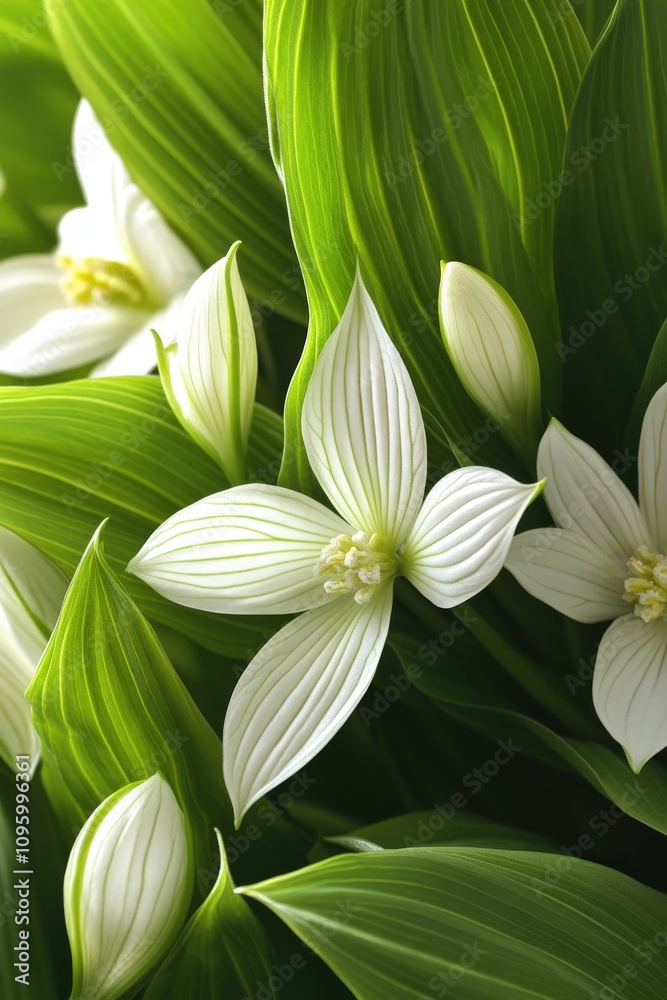 Obraz premium Close-up of delicate white flowers with vibrant green foliage, showcasing intricate details and textures. Ideal for nature, beauty, and serenity themes.