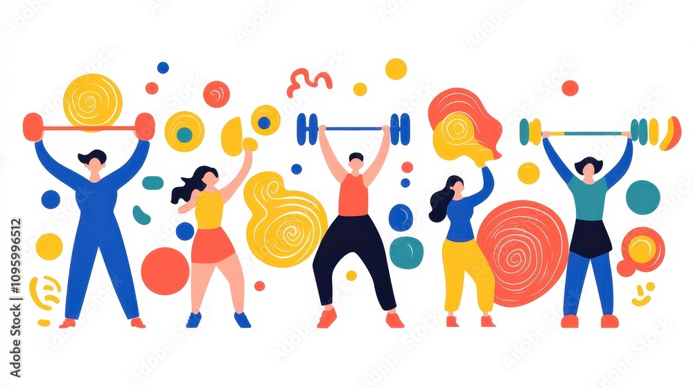 Dynamic Group of Individuals Engaging in Weightlifting Activities Against a Colorful Abstract Background with Fun Patterns and Shapes Dynamic Group of Individuals Engaging in Weightlifting Activities Against a Colorful Abstract Background with Fun Patterns and Shapes