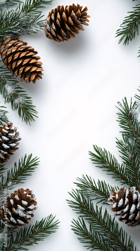 Elegant winter-themed image of pine branches and cones, perfect for holiday cards, winter sales promotions, or nature-focused projects. Elegant winter-themed image of pine branches and cones, perfect for holiday cards, winter sales promotions, or nature-focused projects.