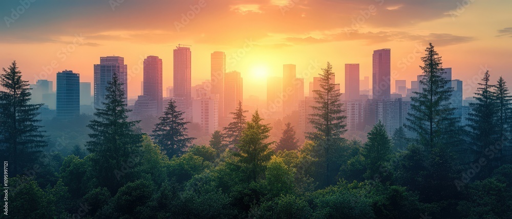 Fototapeta premium Futuristic Cityscape at Sunrise Powered by Sustainable Energy Showcasing Modern Architecture and Lush Greenery Blending Nature and Urban Life in a Vibrant Setting