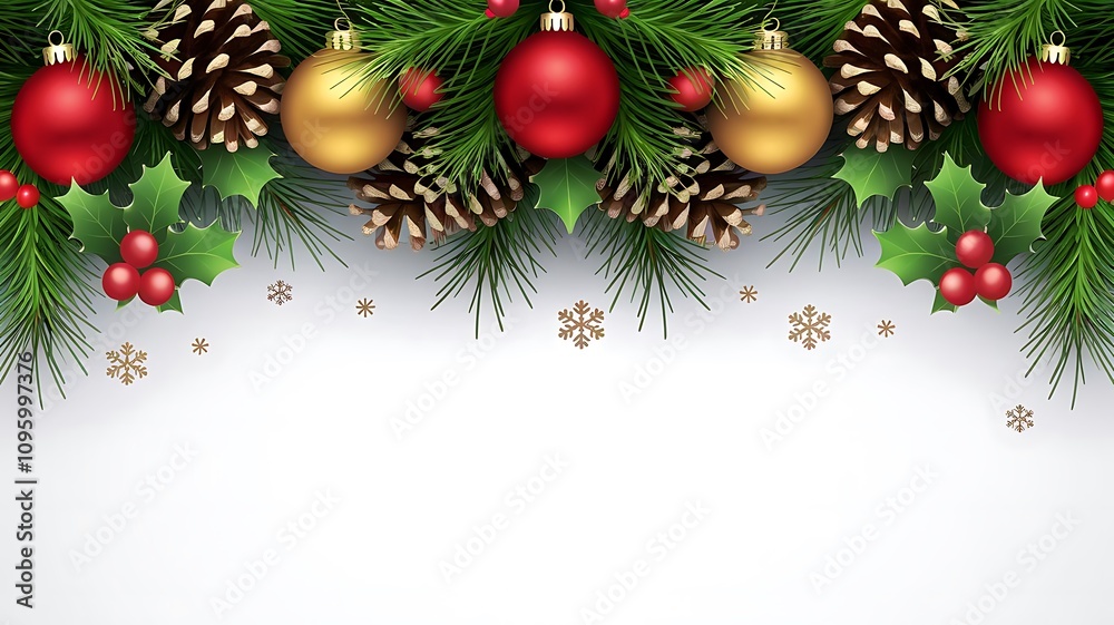 Fototapeta premium Elegant Christmas Pine Garland with Ornaments on White Background 