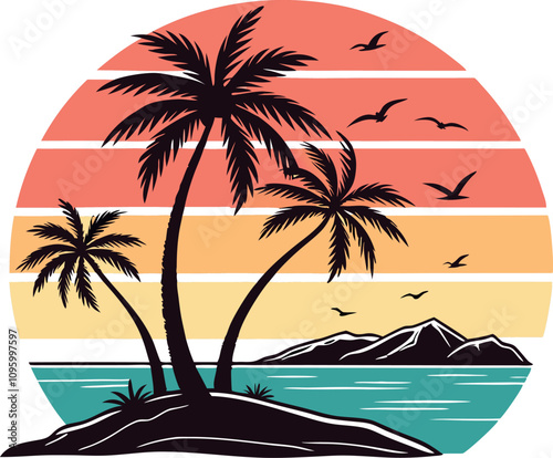 tropical sunset vector illustration - retro beach scene