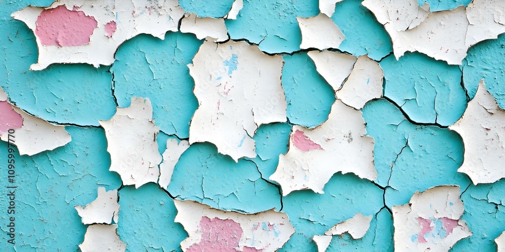 Obraz premium A close-up of a textured wall with peeling paint in shades of blue, white, and hints of pink. Concept Textured Wall, Peeling Paint, Blue and White Shades, Artistic Close-Up, Urban Decay