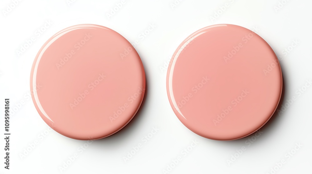 Two glossy pink circular objects arranged symmetrically on a white background, ideal for design and marketing projects. Two glossy pink circular objects arranged symmetrically on a white background, ideal for design and marketing projects.