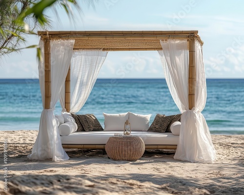 Private beach with luxury cabana setup
