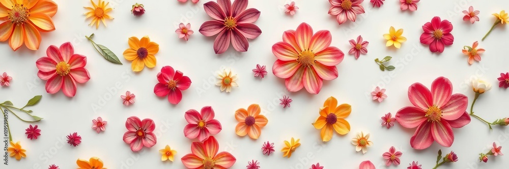 Abstract floral pattern created from cut flowers on a white background, floral design, abstract flowers, creative bouquet Abstract floral pattern created from cut flowers on a white background, floral design, abstract flowers, creative bouquet