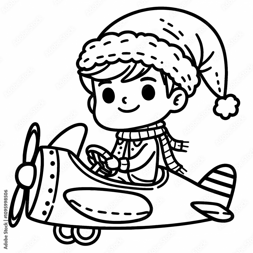Blank coloring book illustration, little boy wearing Christmas hat riding a plane. Blank coloring book illustration, little boy wearing Christmas hat riding a plane.