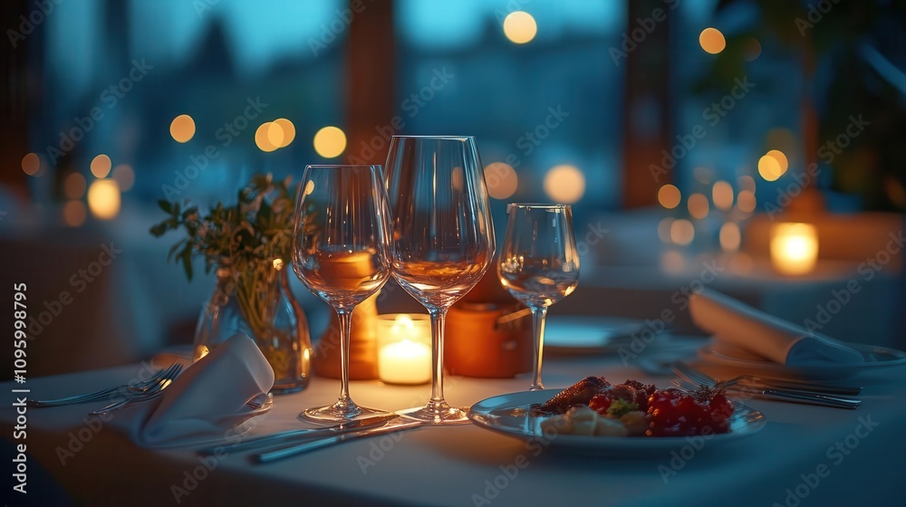 Fototapeta premium Refined dining setup with gourmet food and soft lighting