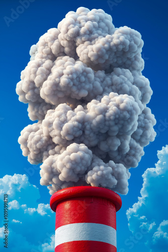 A red and white chimney with a large plume of smoke coming out of it photo