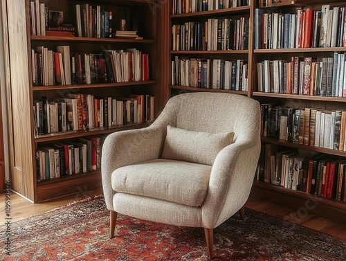 Reading corner with fine wood shelving and plush armchair photo