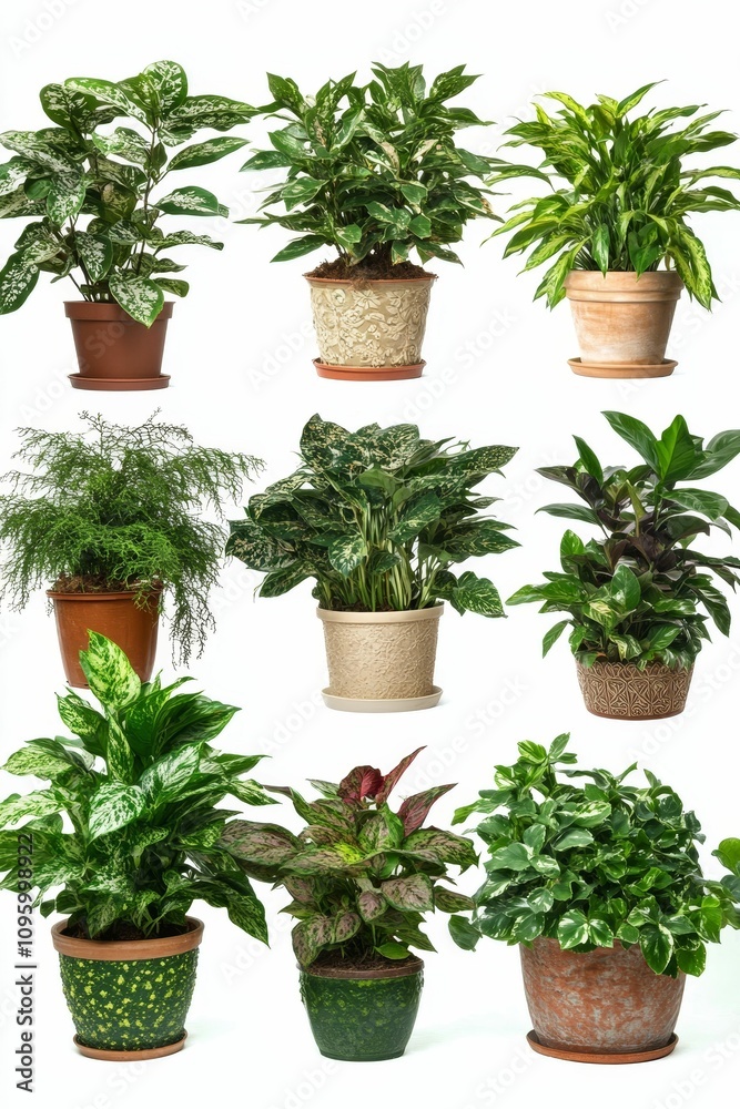 Fototapeta premium Nine potted houseplants, various types.