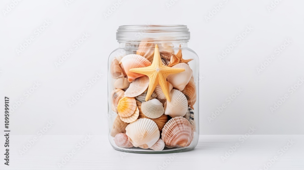 glass jar with seashells isolated on white background glass jar with seashells isolated on white background
