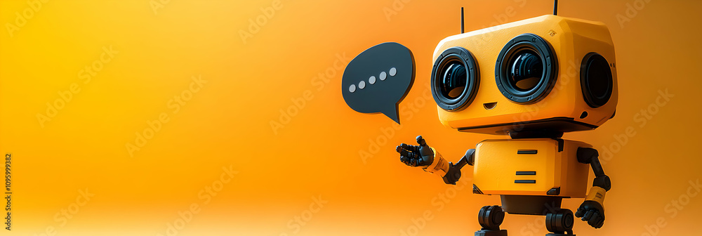 3D Render of a Friendly Yellow Robot Extending a Hand with a Speech Bubble on an Orange Background 3D Render of a Friendly Yellow Robot Extending a Hand with a Speech Bubble on an Orange Background