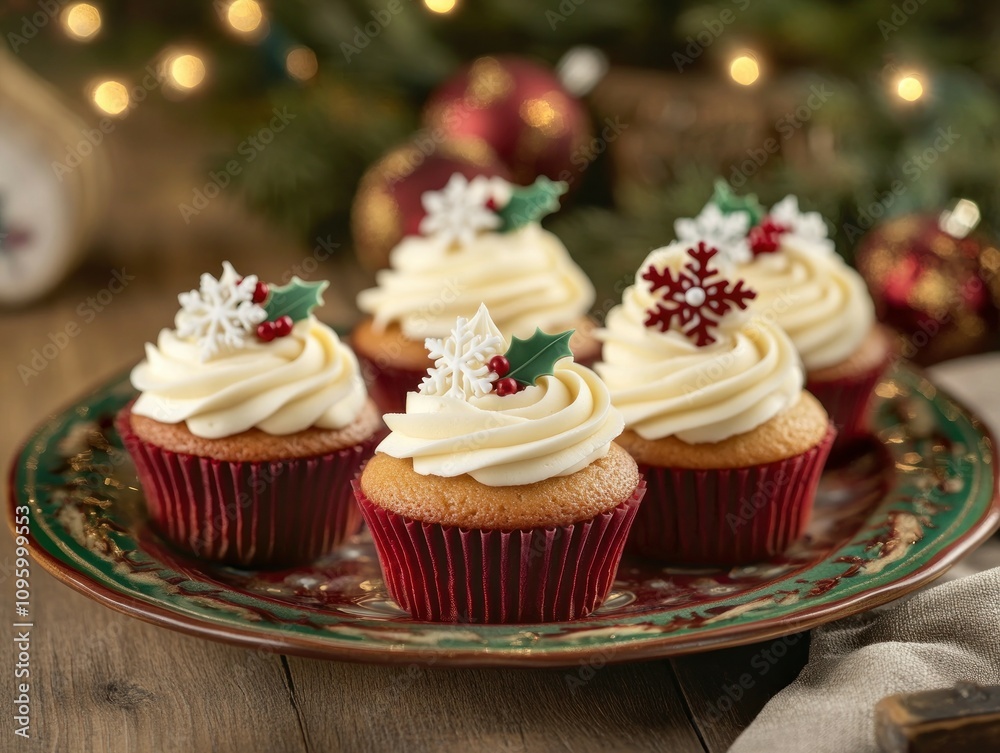 Five Christmas cupcakes with cream cheese frosting, snowflake, and holly decorations on a festive plate. Five Christmas cupcakes with cream cheese frosting, snowflake, and holly decorations on a festive plate.