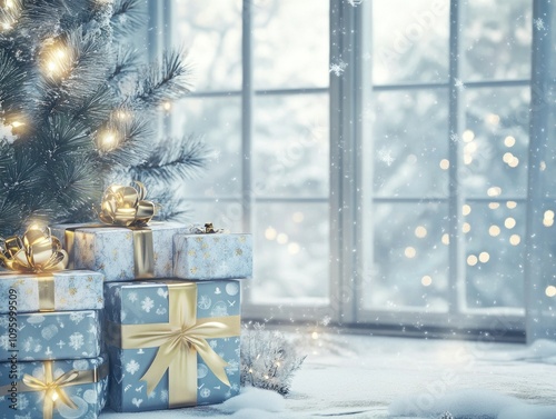 Christmas gifts under tree by snowy window. photo