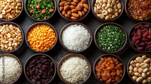 circular array of Congee with Nuts and Dried Fruits ingredients, arranged in the center of a white background, each carefully placed to form an intricate pattern