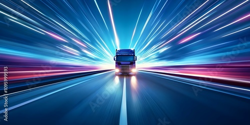 A futuristic truck appears to speed down a vibrant, illuminated highway with dynamic light trails. Concept Futuristic Vehicle Design, Vibrant Highway Aesthetics, Dynamic Light Trails