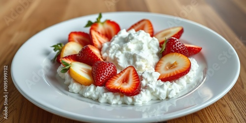 A plate containing a generous serving of cottage cheese topped with an assortment of sliced strawberries and apples arranged in a decorative pattern, fresh produce arrangement, dairy free option