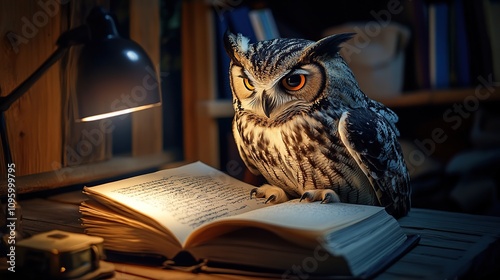 Wallpaper Mural Wise owl perched on open book, illuminated by desk lamp. Torontodigital.ca