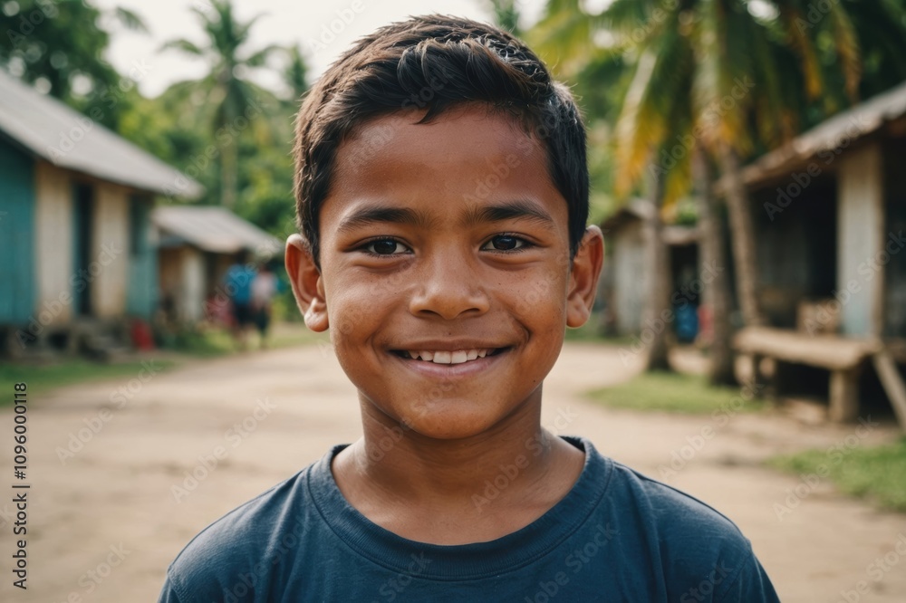 Close portrait of a smiling Marshallese male kid looking at the camera, Marshallese outdoors blurred background Close portrait of a smiling Marshallese male kid looking at the camera, Marshallese outdoors blurred background