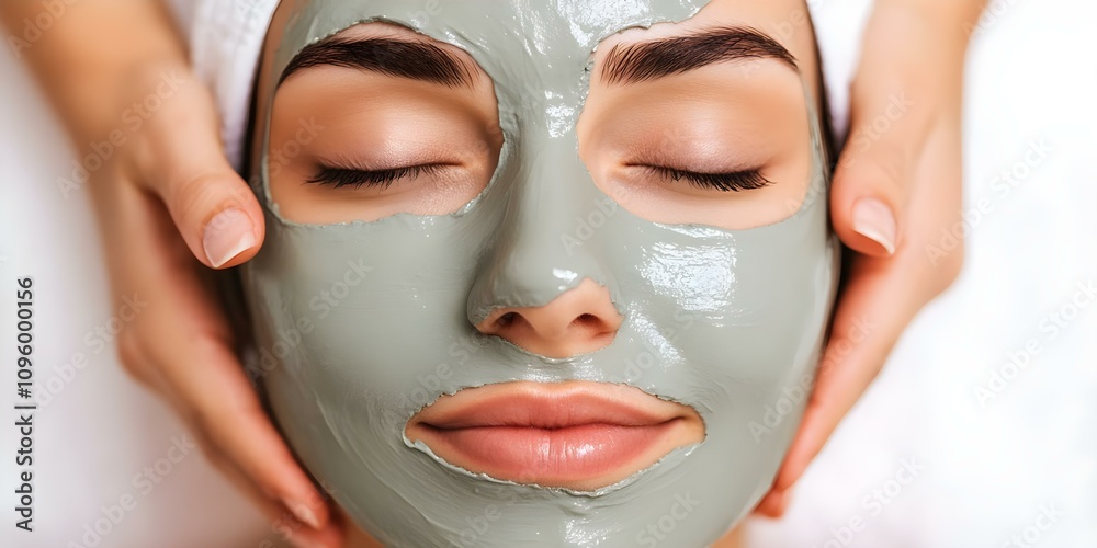 A woman is receiving a facial treatment with a green mask applied to her face, relaxing with her eyes closed. Concept Facial Treatment Benefits, Relaxation Techniques, Skincare Masks A woman is receiving a facial treatment with a green mask applied to her face, relaxing with her eyes closed. Concept Facial Treatment Benefits, Relaxation Techniques, Skincare Masks