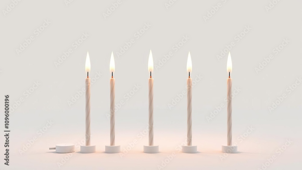A row of lit birthday candles on a white background with subtle shadows and highlights creating depth and dimensionality, white background, decorative display, depth A row of lit birthday candles on a white background with subtle shadows and highlights creating depth and dimensionality, white background, decorative display, depth
