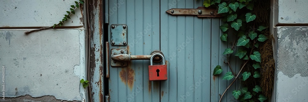 A rusty old grey metal door with a red padlock and keyhole partially hidden by vines and moss on an abandoned building facade, overgrown garden, weathered stone, moss A rusty old grey metal door with a red padlock and keyhole partially hidden by vines and moss on an abandoned building facade, overgrown garden, weathered stone, moss