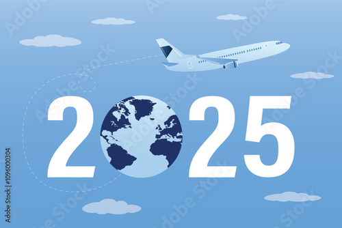 Flying airplane, trip and holidays in 2025 on blue sky background. Time to travel. Horizontal banner. Vacation, global trip. Motivational poster, design for web or marketing.