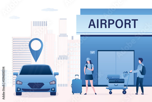 Car sharing, rental service in airport. People rent vehicle for short time. Modern car and family couple with luggage on arrival zone or parking. Taxi service.