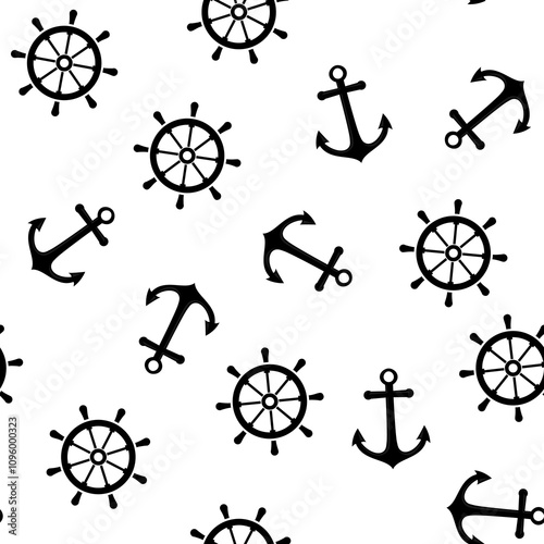 Boat steering wheel and anchor seamless pattern. Black silhouettes on white background, seamless sea travel pattern, flat style design. Nautical elements, monochrome texture.