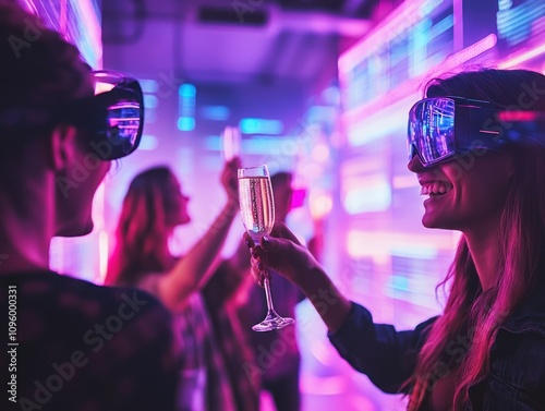 Two women wearing VR headsets cheers with champagne at a neon-lit party.
