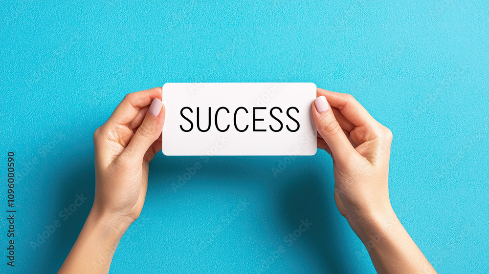 Hands lifting card with SUCCESS written in bold letters, symbolizing achievement and positivity
