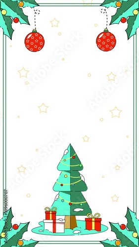 vertical portrait christmas background template with blank space. tree, bells and gifts ornaments illustration