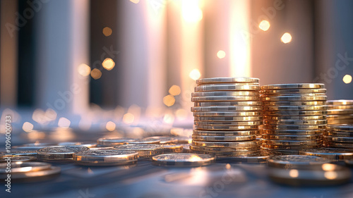 Stacks of coins with glowing background, symbolizing wealth and prosperity photo