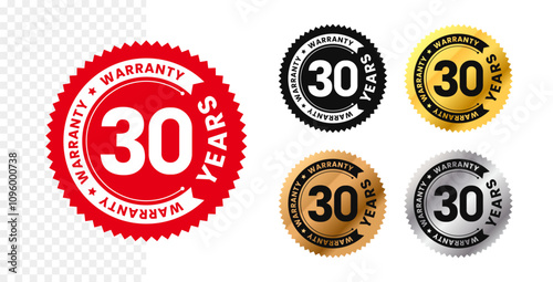 30 years warranty in circle. Thirty years warranty with circular text. Red, black, gold, silver, bronze premium color. For sticker, label, badge, icon, sign, emblem, stamp, logo, seal, symbol. Vector