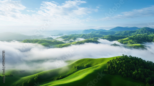 Breathtaking green hills with misty valleys under clear blue sky photo