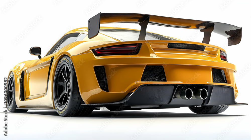 3D Render of Yellow Race Car with Large Rear Wing, Detailed Body Kit, and Dual Exhaust Pipes 3D Render of Yellow Race Car with Large Rear Wing, Detailed Body Kit, and Dual Exhaust Pipes