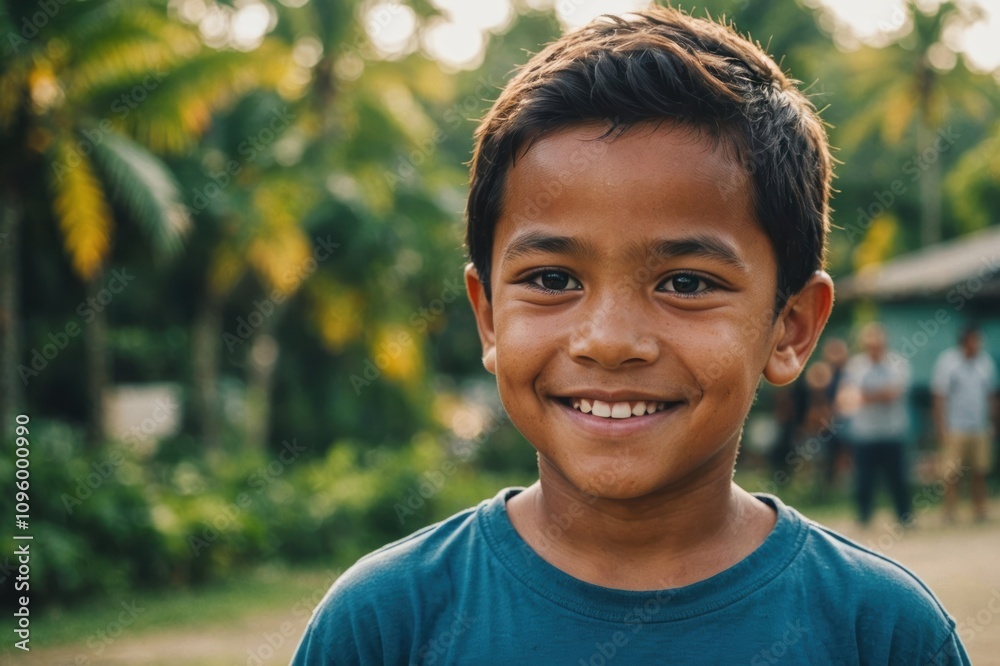 Close portrait of a smiling Micronesian male kid looking at the camera, Micronesian outdoors blurred background Close portrait of a smiling Micronesian male kid looking at the camera, Micronesian outdoors blurred background
