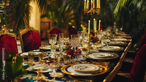 Luxurious dinner table setting with gold accents, fine china, and red velvet chairs in a lush indoor garden.