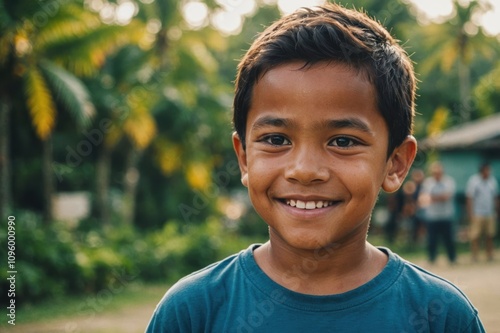 Close portrait of a smiling Micronesian male kid looking at the camera, Micronesian outdoors blurred background