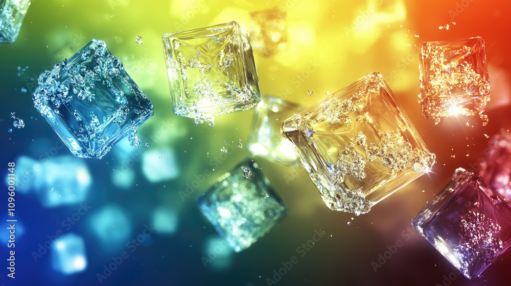 Floating colorful ice cubes in vibrant gradient background Floating colorful ice cubes in vibrant gradient background
