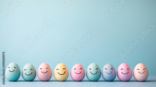 Colorful eggs with smiling faces arranged on clean surface photo