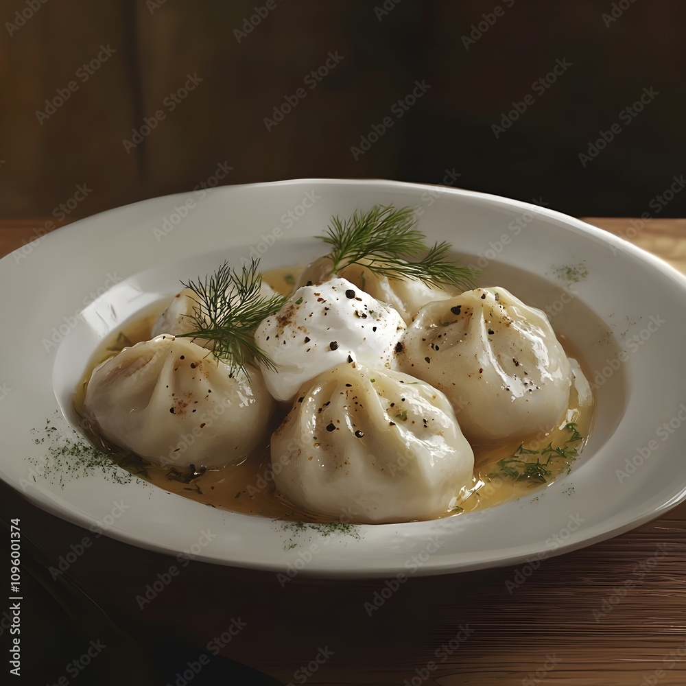 Russian pelmeni, delicate dumplings filled with ground meat, served on a white ceramic plate. Garnished with a dollop of sour cream, fresh dill, and a sprinkling of black pepper Russian pelmeni, delicate dumplings filled with ground meat, served on a white ceramic plate. Garnished with a dollop of sour cream, fresh dill, and a sprinkling of black pepper