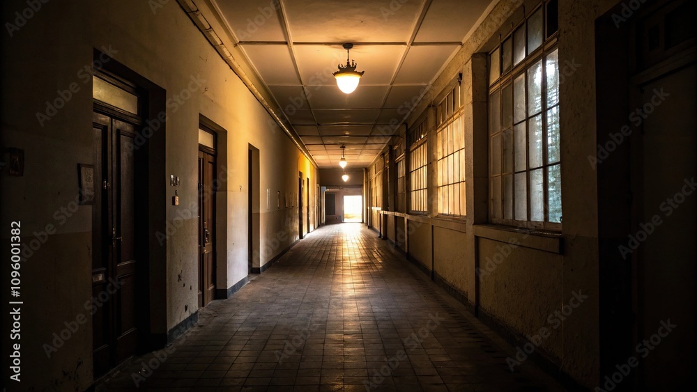 A single light source in a deserted hallway casts a warm and inviting glow despite the darkness outside, solace, light bulb, deserted, gentle radiance, dark
