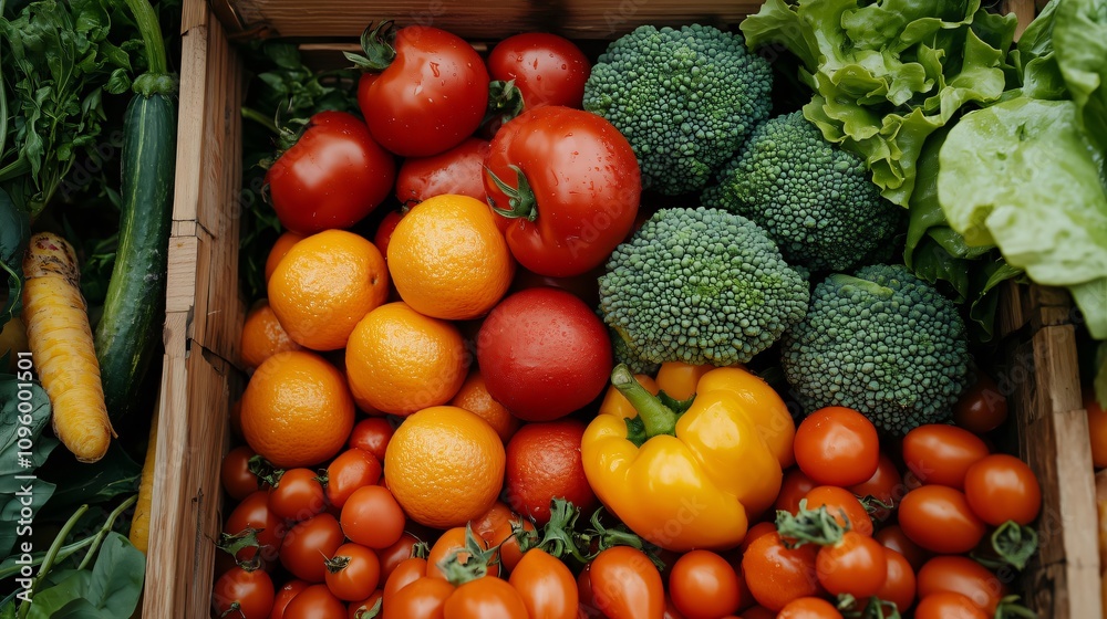 Fresh vegetables and fruits filling a wooden crate at the market Fresh vegetables and fruits filling a wooden crate at the market