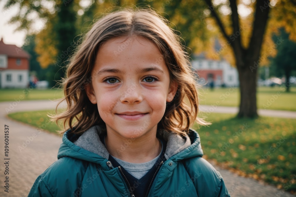 Close portrait of a smiling Monacan female kid looking at the camera, Monacan outdoors blurred background Close portrait of a smiling Monacan female kid looking at the camera, Monacan outdoors blurred background