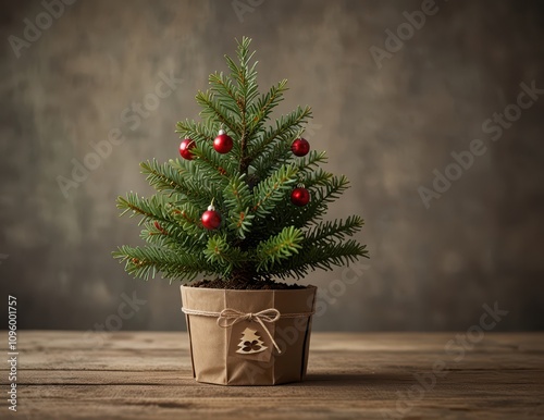 Miniature Christmas Tree: A small, potted Christmas tree adorned with red ornaments stands against a rustic backdrop, exuding warmth and festive cheer.  