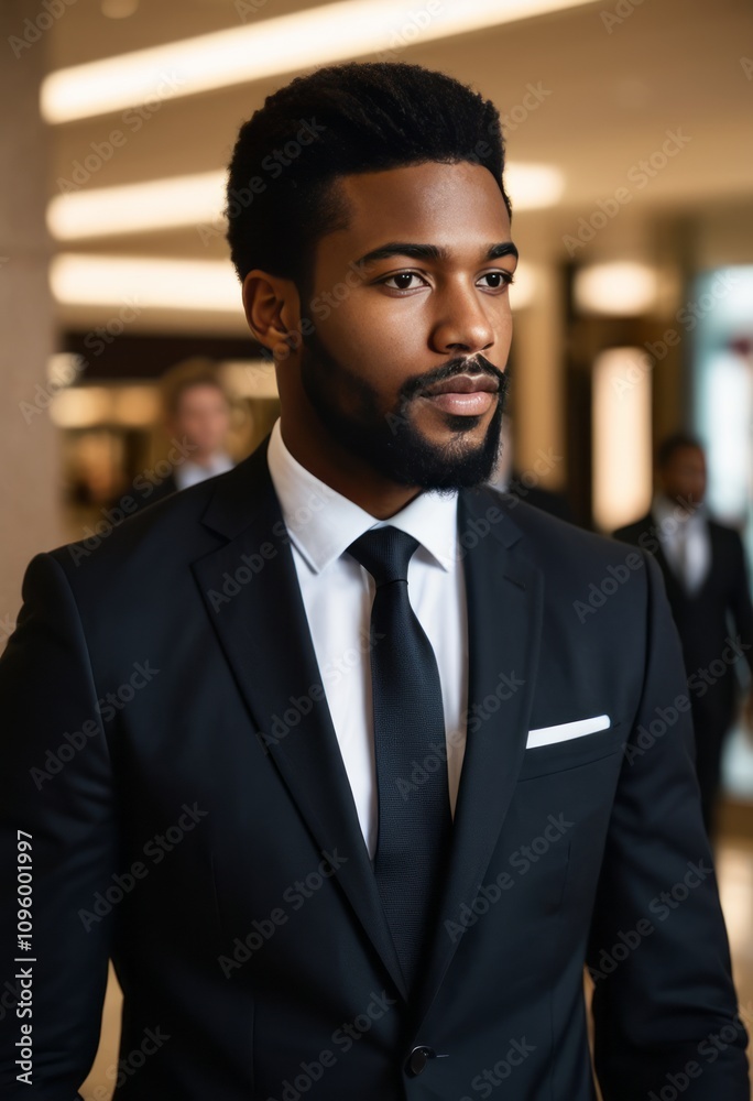 Young man in a sharp, tailored black suit, professional setting, confident and poised, well-groomed beard, modern office environment, bright lighting, shallow depth of field, business executive ambian Young man in a sharp, tailored black suit, professional setting, confident and poised, well-groomed beard, modern office environment, bright lighting, shallow depth of field, business executive ambian