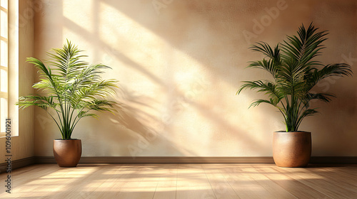 Sunlit Room with Two Potted Palm Plants in Brown Pots on Wooden Floor, Minimalist Interior Design